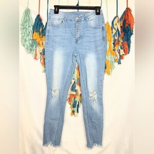 Women’s Distressed Button Fly Skinny Jeans Light Wash Frayed Hem Size M Mid Rise